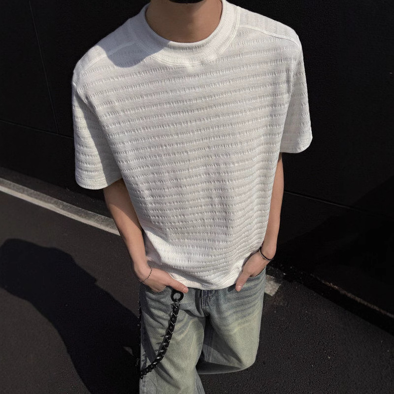 短袖纯色短款透气肌理羊毛感基础提花T恤男夏季修身百搭圆领半袖