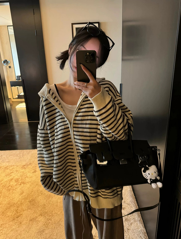 2438#韩系慵懒风撞色条纹连帽毛衣开衫外套女秋冬宽松休闲女上衣