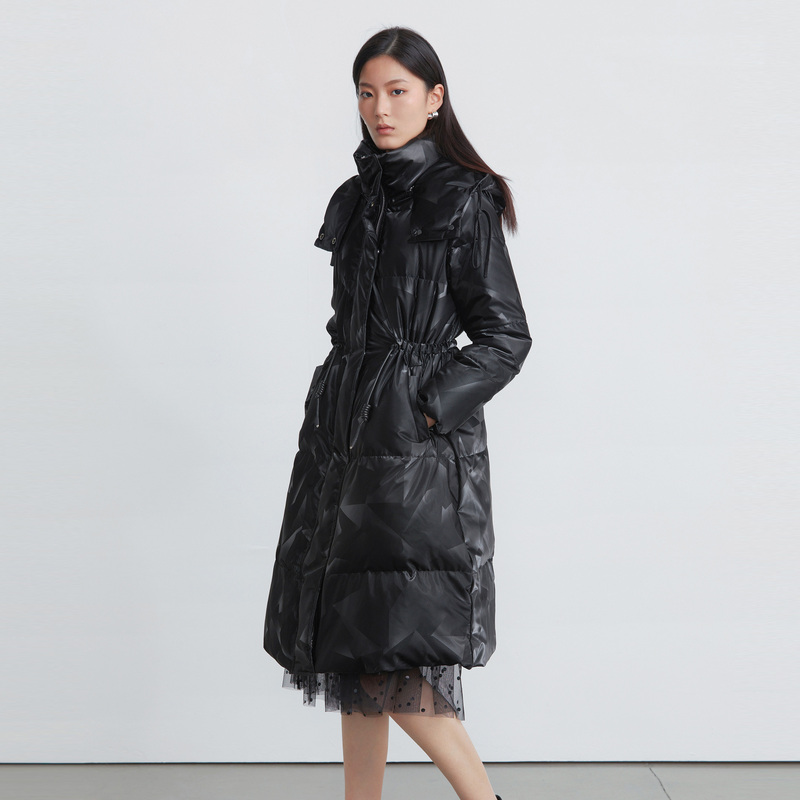 Maokai黑色连帽时尚保暖中长款厚款白鸭绒羽绒服M224Z2419