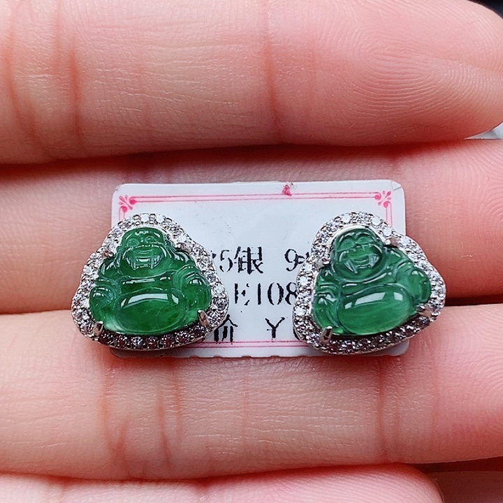 翡翠戒指银S925镶嵌耳钉