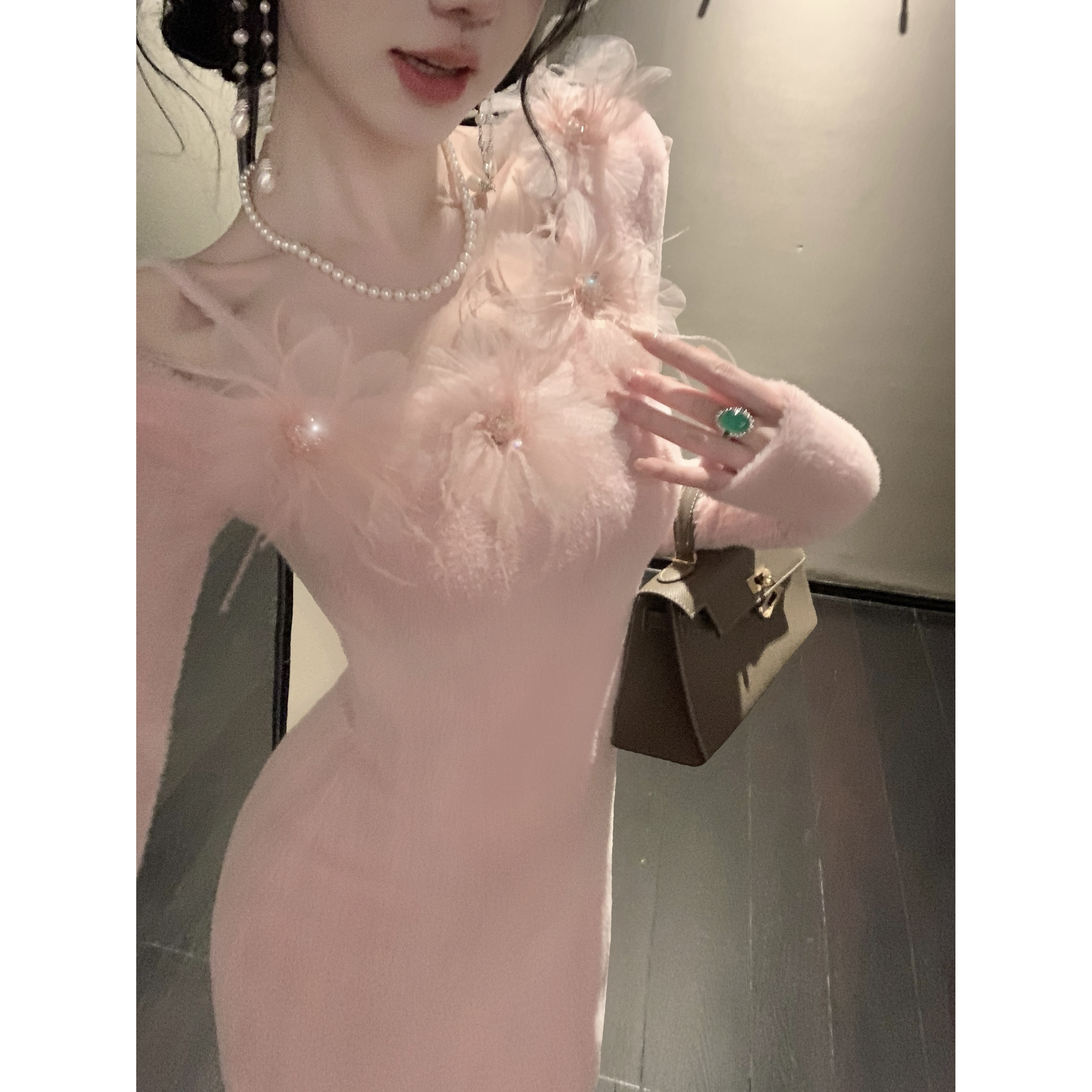 【雅乔定制】粉色芍药 设计感立体花朵长袖毛织连衣裙DYLL-25106578