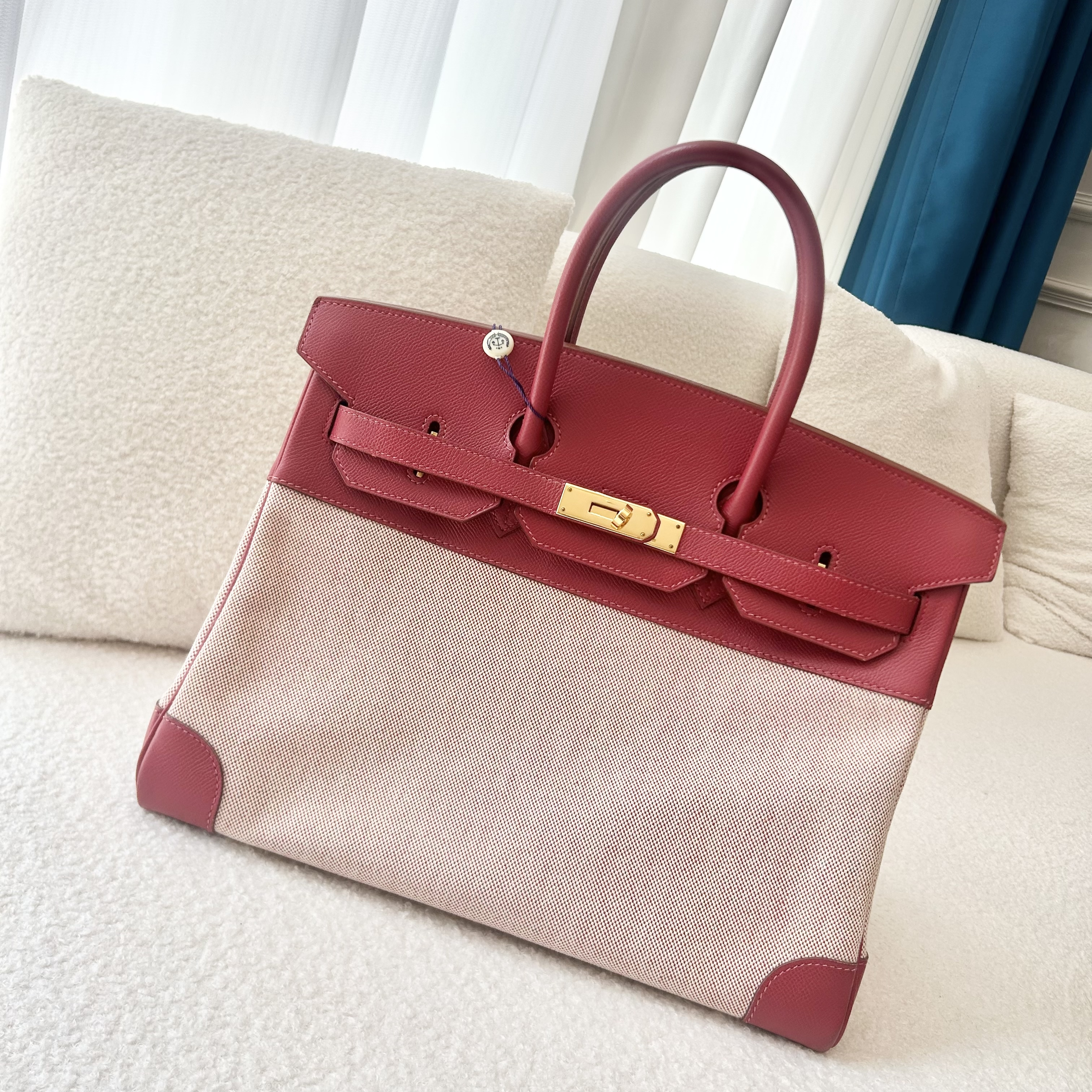 95新 Hermes/爱马仕 7姐专场/正红拼帆布 金扣  Birkin35 框C刻