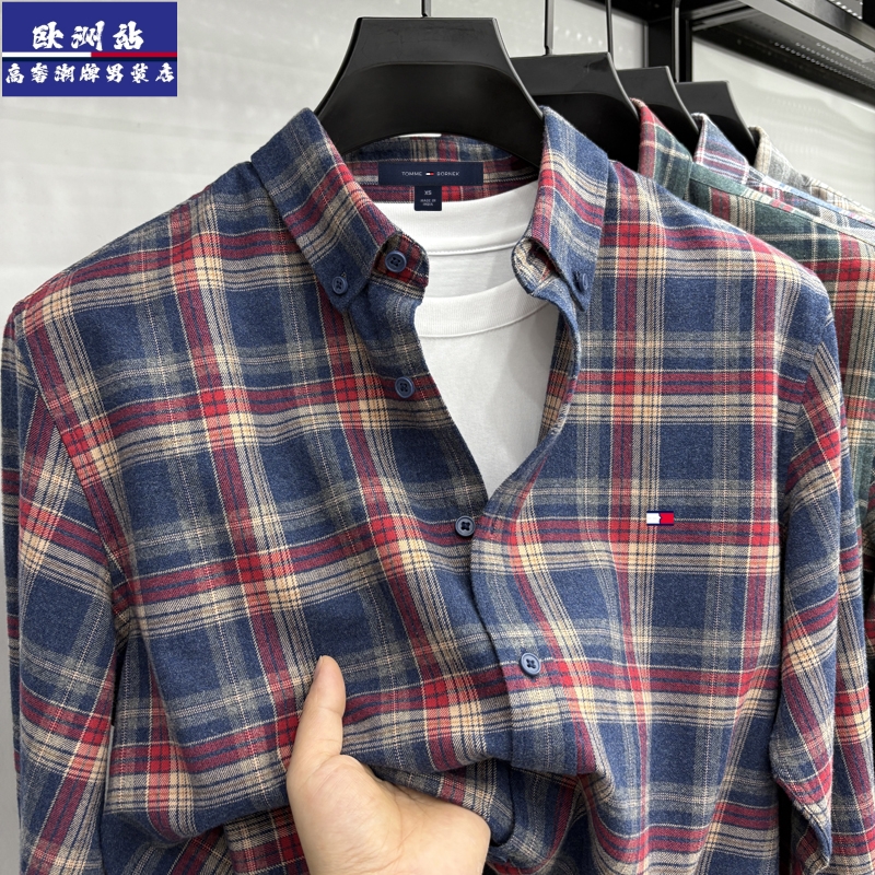 正品Tommy汤米纯棉磨毛格子衬衫长袖秋季韩版时尚拼色休闲衬衣男