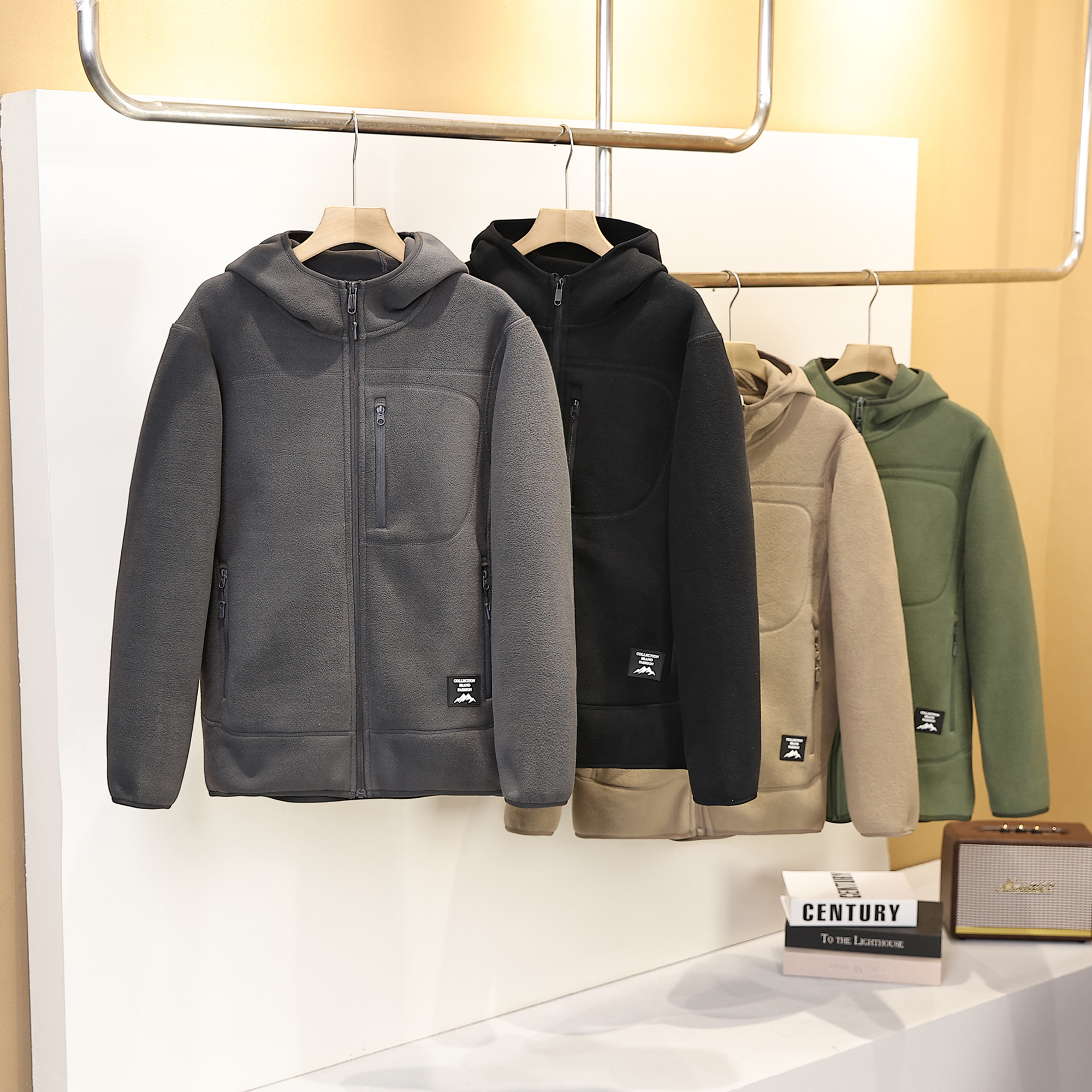 双面摇粒绒轻薄款  男女同款连帽外套休闲夹克上衣男士保暖