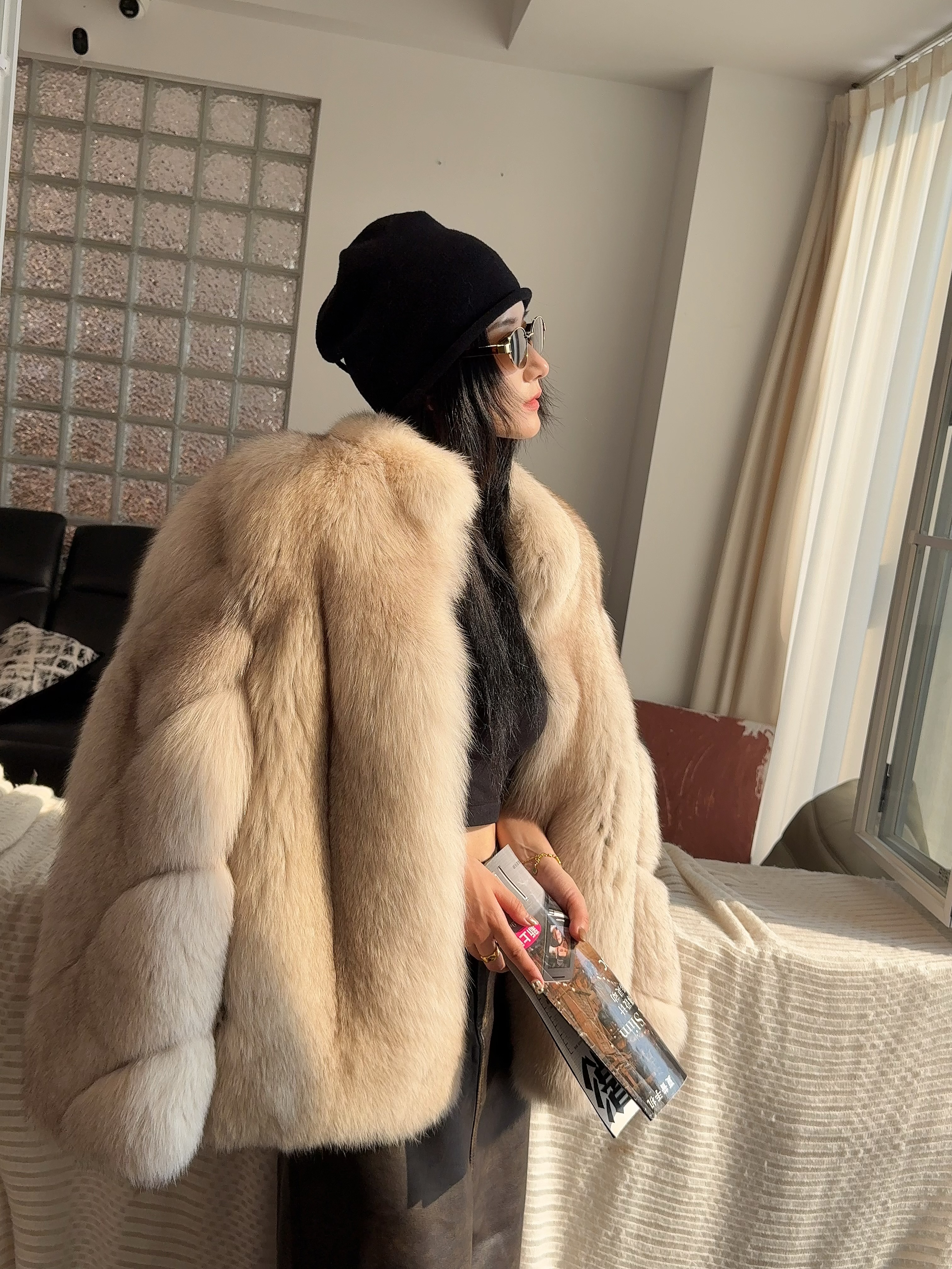 【古思】“漫步香榭“芬兰进口狐狸毛背毛整皮整版显瘦皮草外套中长款