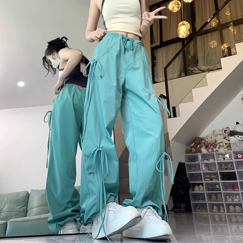 薄荷曼波蓝绿色蝴蝶结工装裤女夏季美式辣妹高腰爵士运动休闲裤子