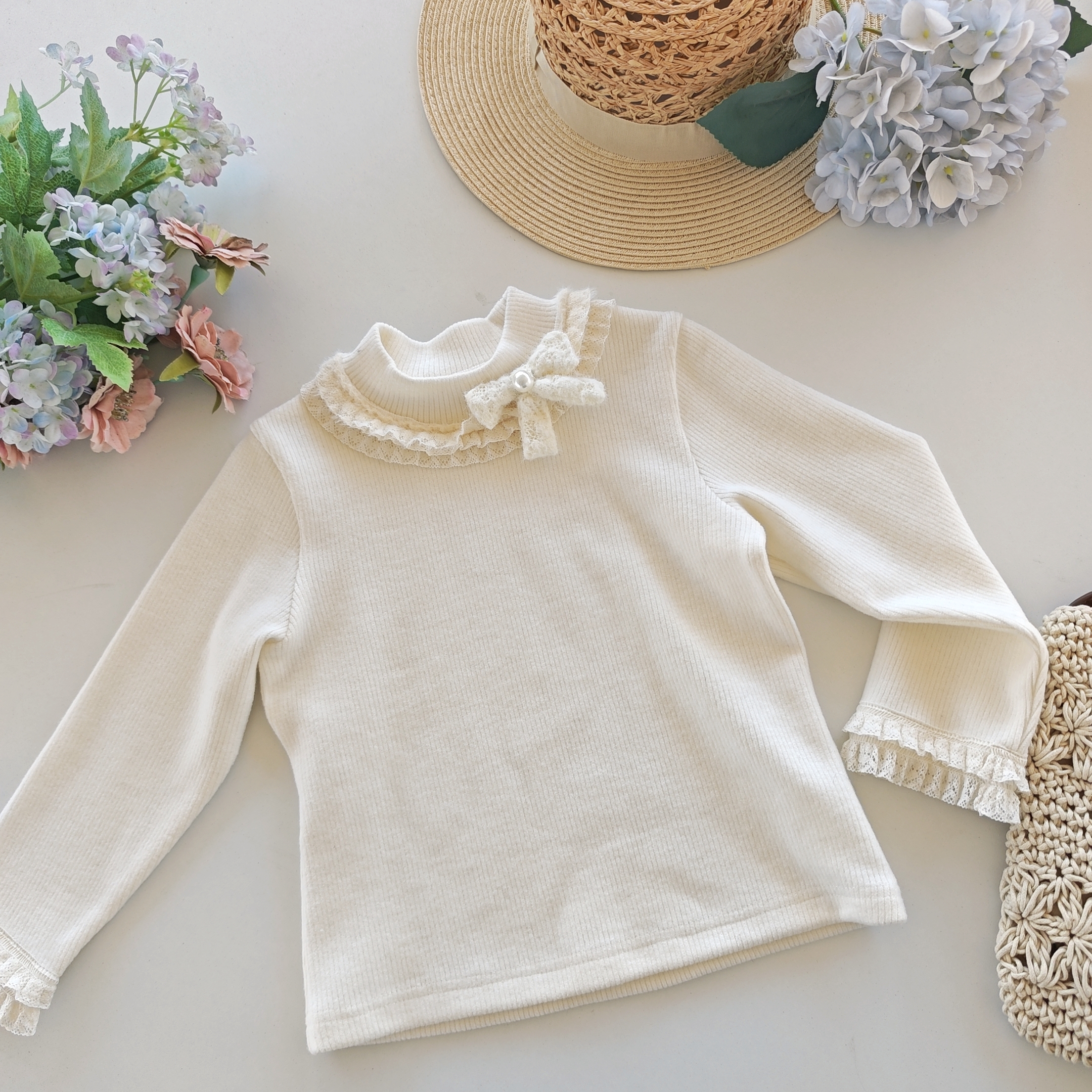 TC.KIDS#63651#福利款秋冬新款优雅蝴蝶结蕾丝女童长袖打底