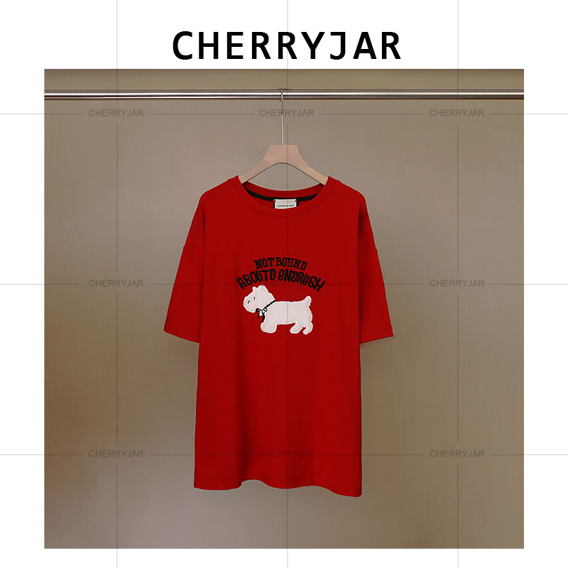 Cherryjar【25510】时尚红色柔软短袖植绒小狗印花字母刺绣宽松