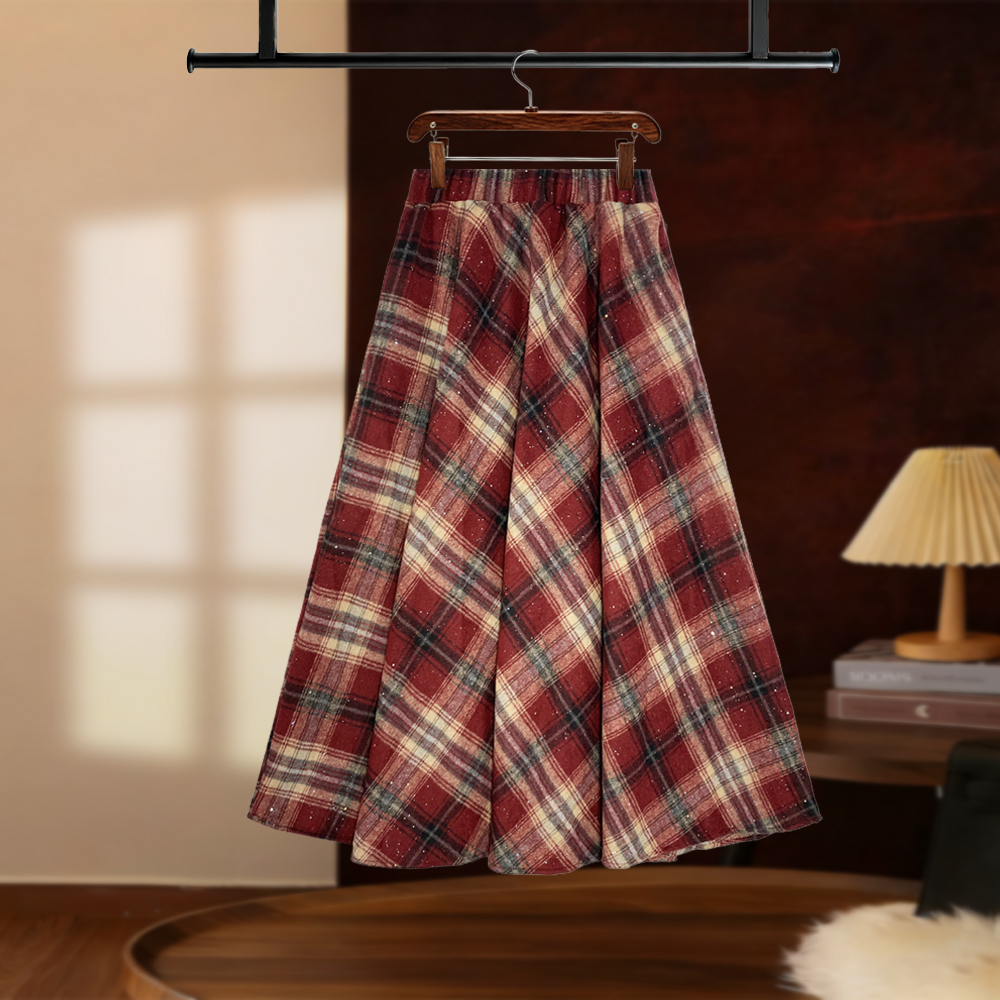 【GG专属】复古红格纹加厚秋冬洒银毛呢半身裙女长款显瘦D8075