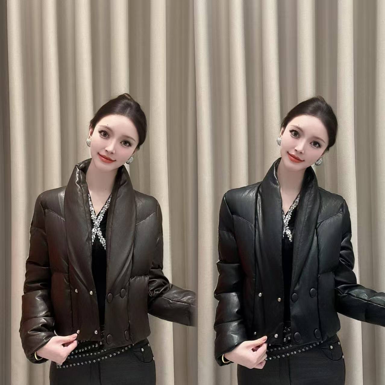 【南法玫瑰】冬季夹棉加厚V领皮衣短外套保暖修身显瘦时尚百搭潮流