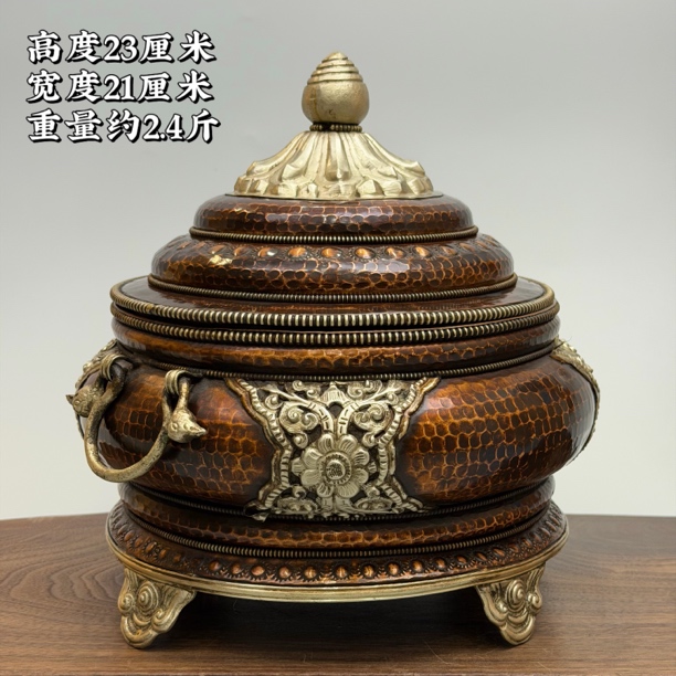 【尼泊尔纯手工小号糌粑盒摆件】纯铜材质民族风家用摆件