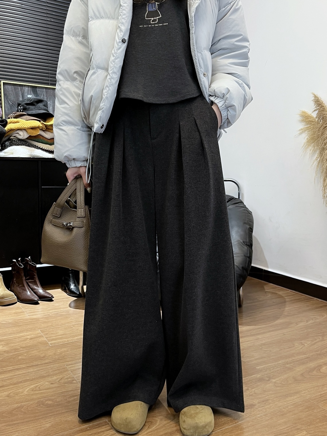 【Si&华严选】韩系高腰飘带宽松显瘦长裤百搭简约毛呢裤阔腿裤9638