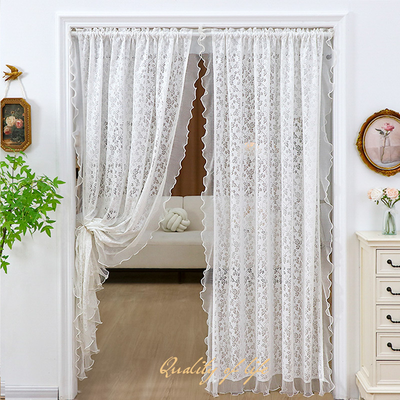 法式复古钉珠蕾丝纱帘免打孔魔术贴飘窗阳台遮阳装饰帘