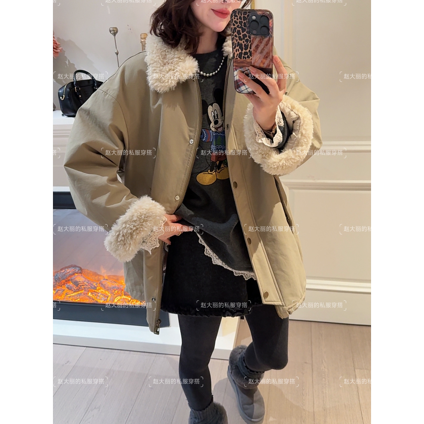 老赵服饰 翻领羊羔毛拼接中长款派克服外套21AU5247