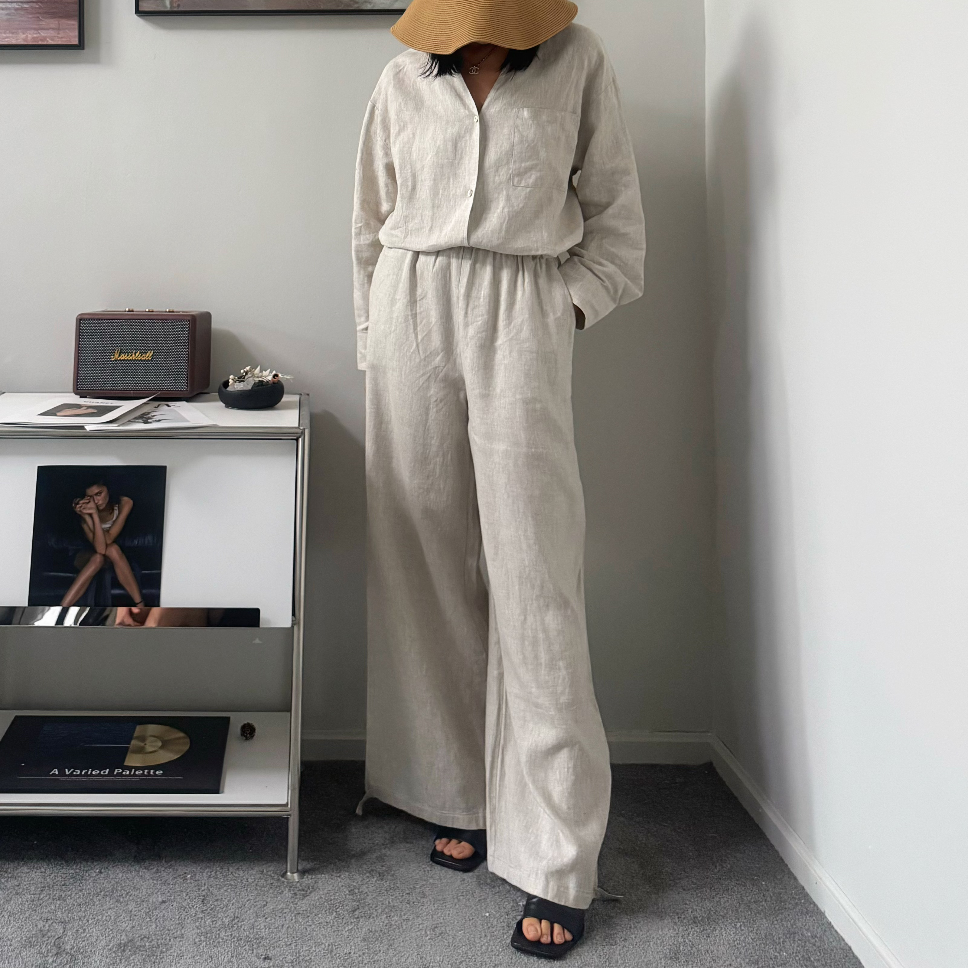 亚麻半抽绳阔腿裤卫裤长裤透气休闲风纯色休闲裤夏季