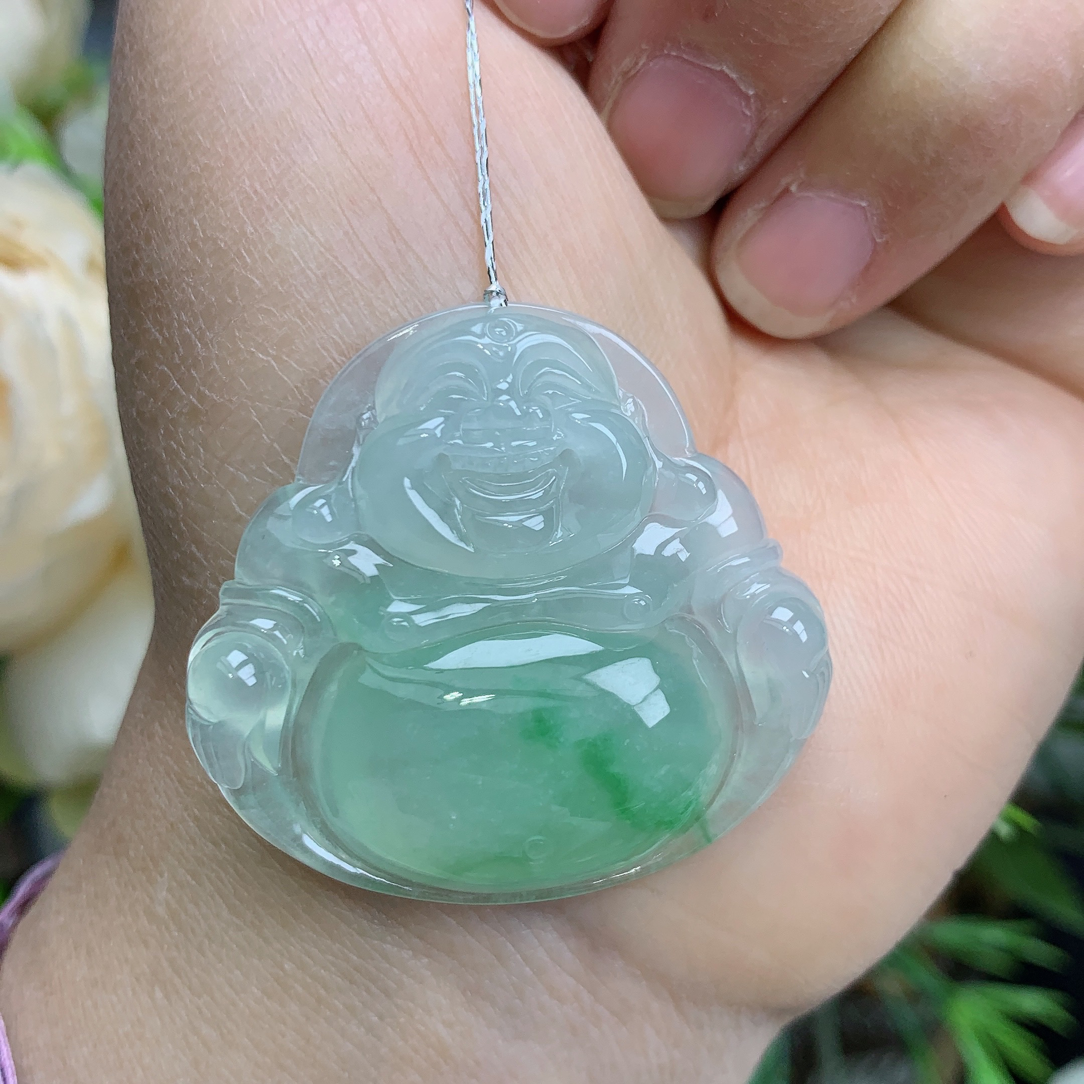 缅甸天然翡翠a货玉石冰胶飘阳绿佛公吊坠龙尺寸35.8/38.3/7.4mm