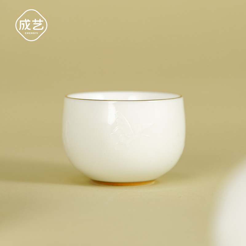 成艺隐雕蝶恋高级茶具网红侘寂风高档主人杯个人专用茶器茶杯白瓷