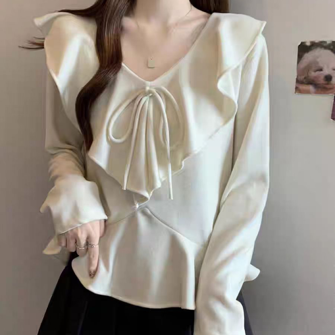 新疆包邮【615】木耳边蝴蝶结小衫-衣长49