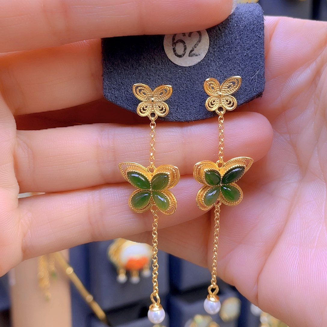 和田玉耳饰银S925镀金镶嵌