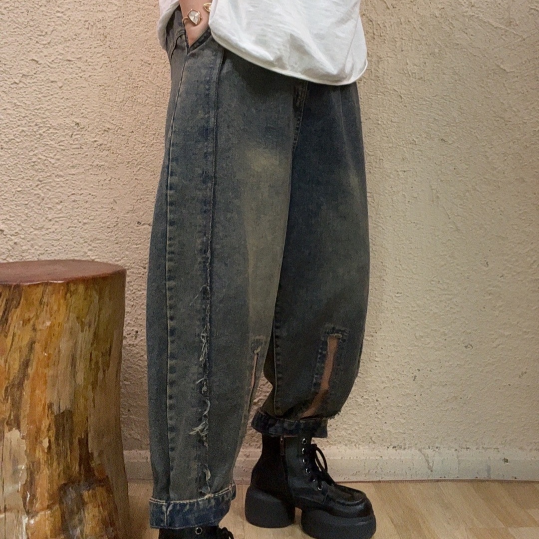 啵啵CM86095裤脚彩色边条后面斜口袋牛仔裤