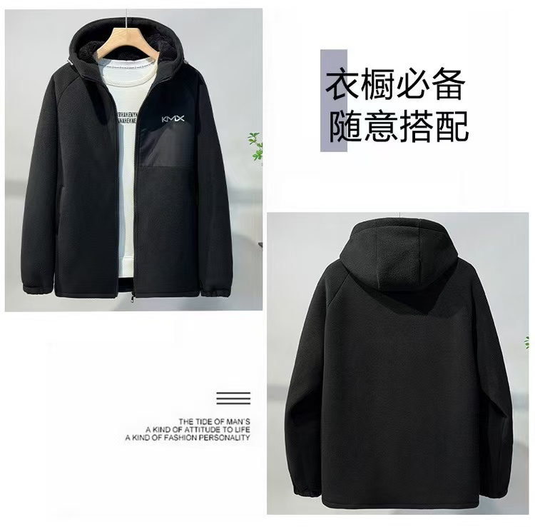 新款外贸男士加肥加大码冬季宽松保暖时尚插肩款连帽摇粒绒外套