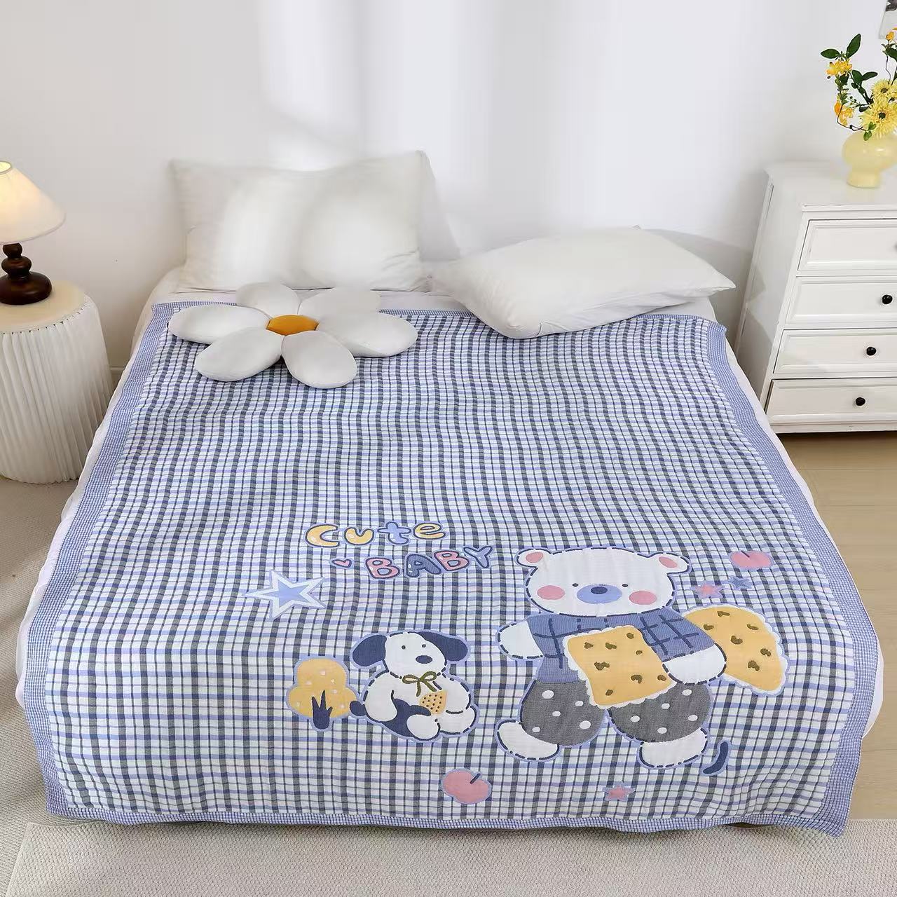 【饼干小熊】150*200cmA类柔软亲肤透气春秋冬被空调被棉纱泡芙被