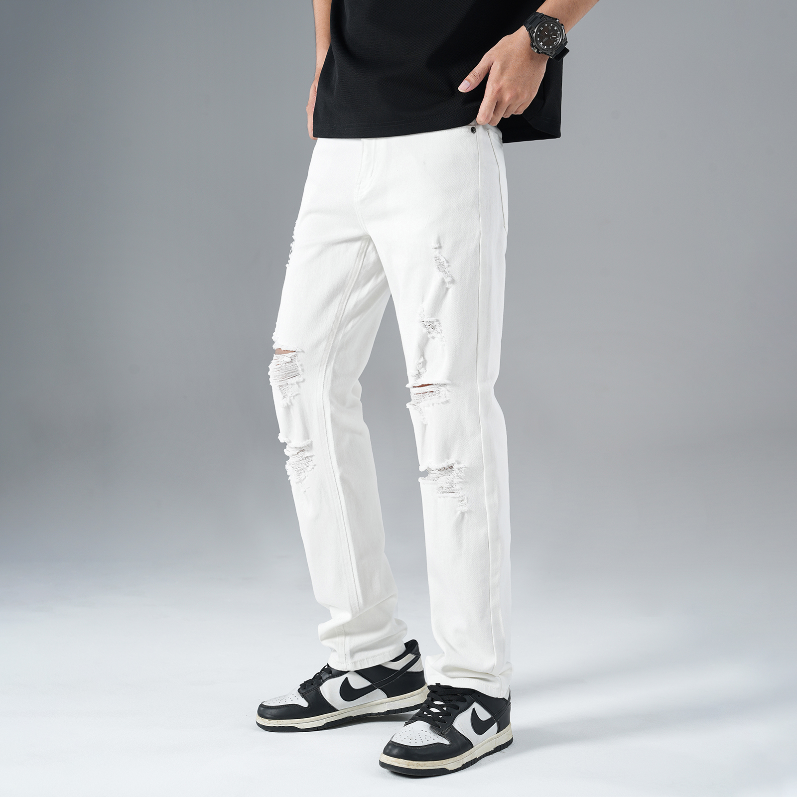 2025新款白色痞帅潮男裤子男士破洞水洗修身男装直筒牛仔裤男款