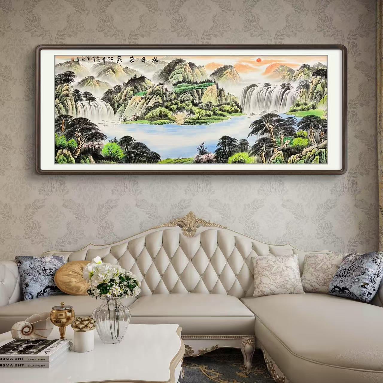 《旭日东升》横幅六尺新款青绿山水客厅办公室床头国画挂画作品