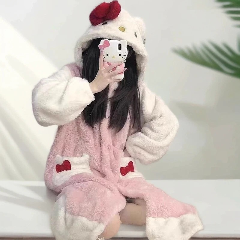 少女可爱小猫咪睡衣女秋冬季睡袍家居服加绒加厚珊瑚绒睡裙可外穿