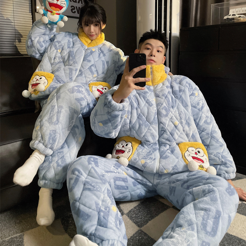 三层夹棉袄情侣睡衣女冬季款珊瑚绒加厚加绒男士睡衣法兰绒家居服