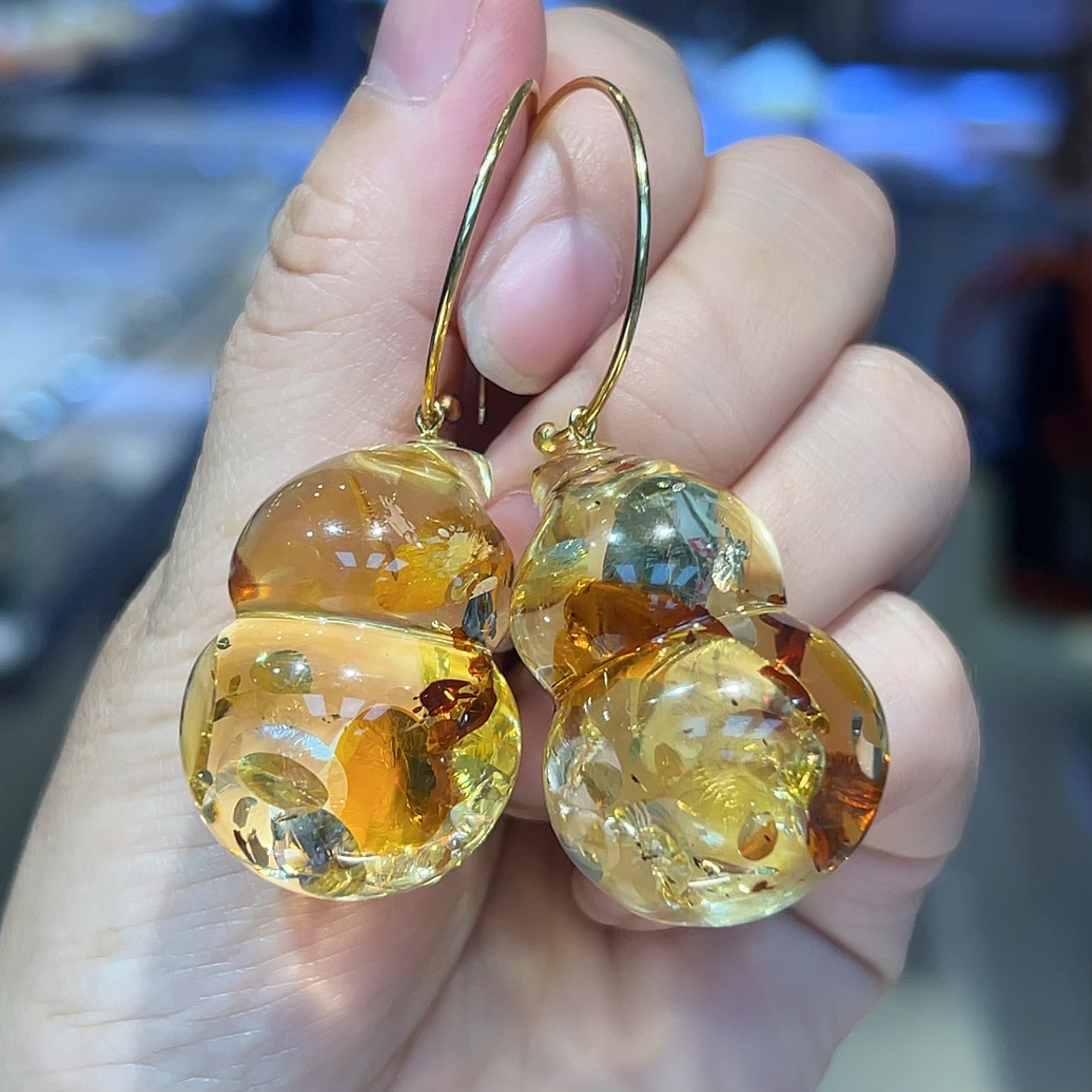 大C款 银镶嵌天然琥珀花珀葫芦时尚气质女款耳饰耳坠