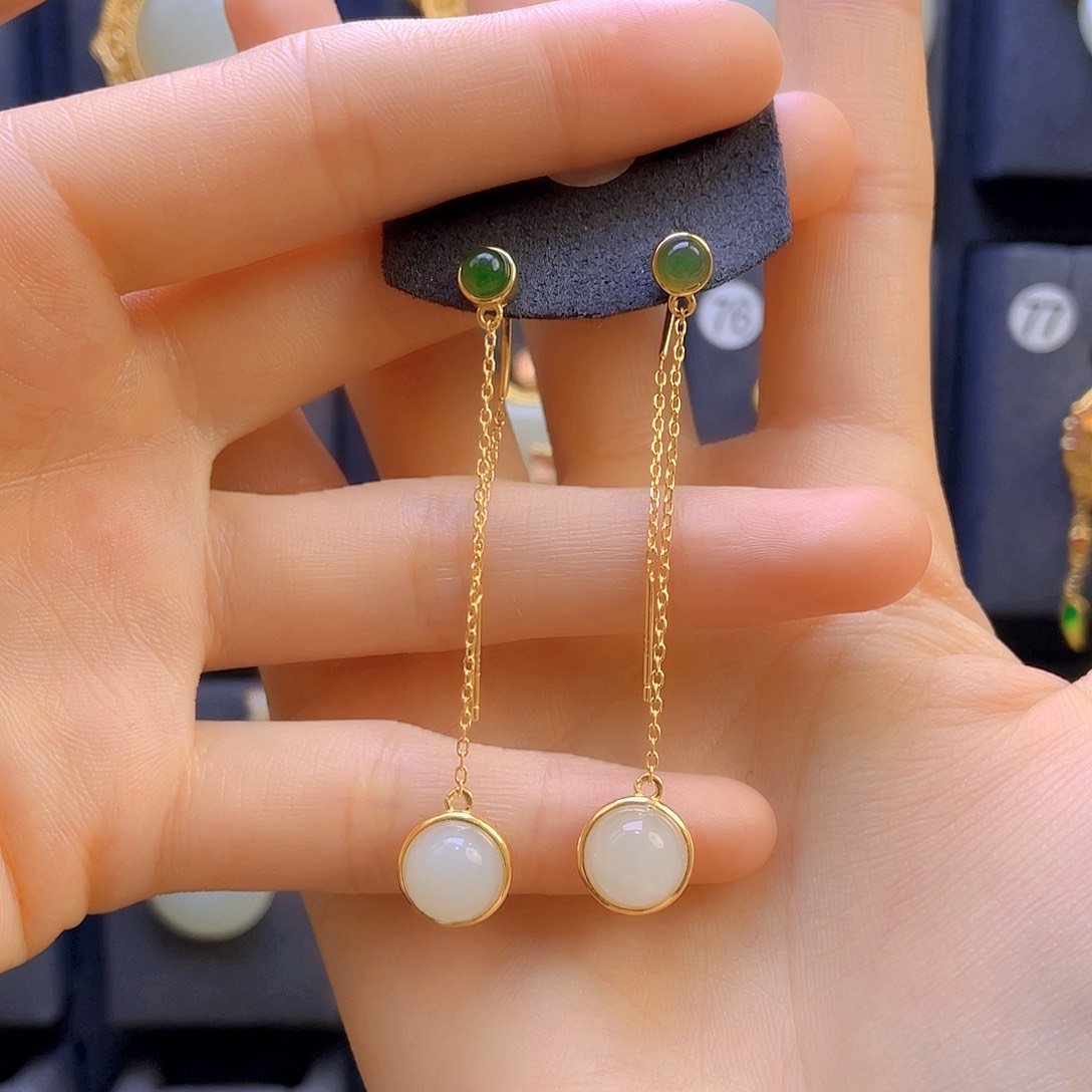 和田玉耳饰银S925镀金镶嵌