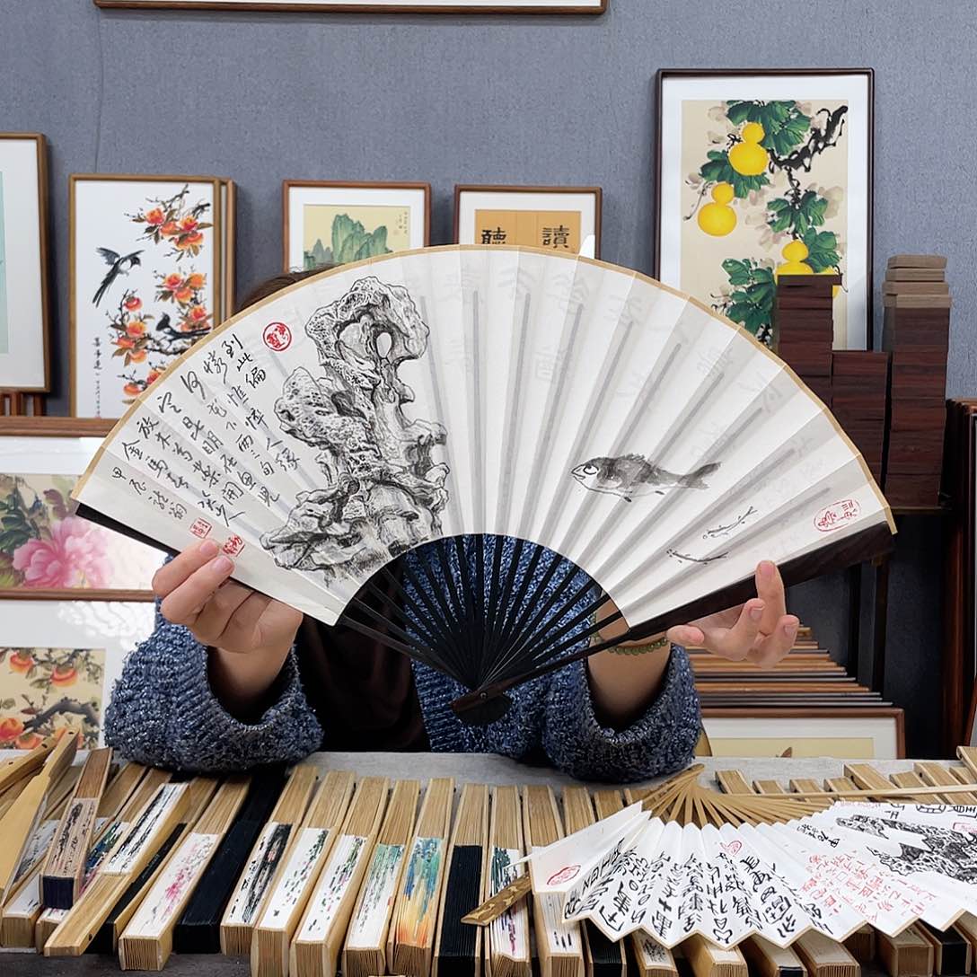 国画95寸黑檀-纯手绘-文玩扇骨（默认粘好）