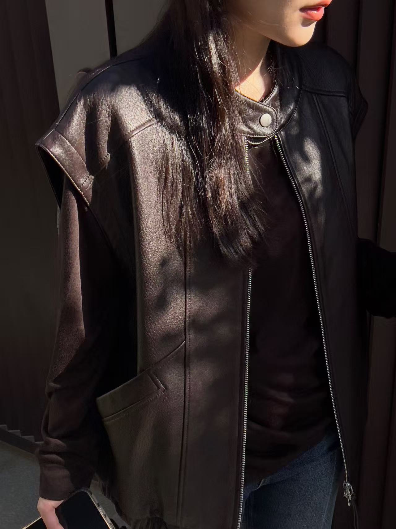一粒扣立领拉链羊皮皮衣马甲 03166