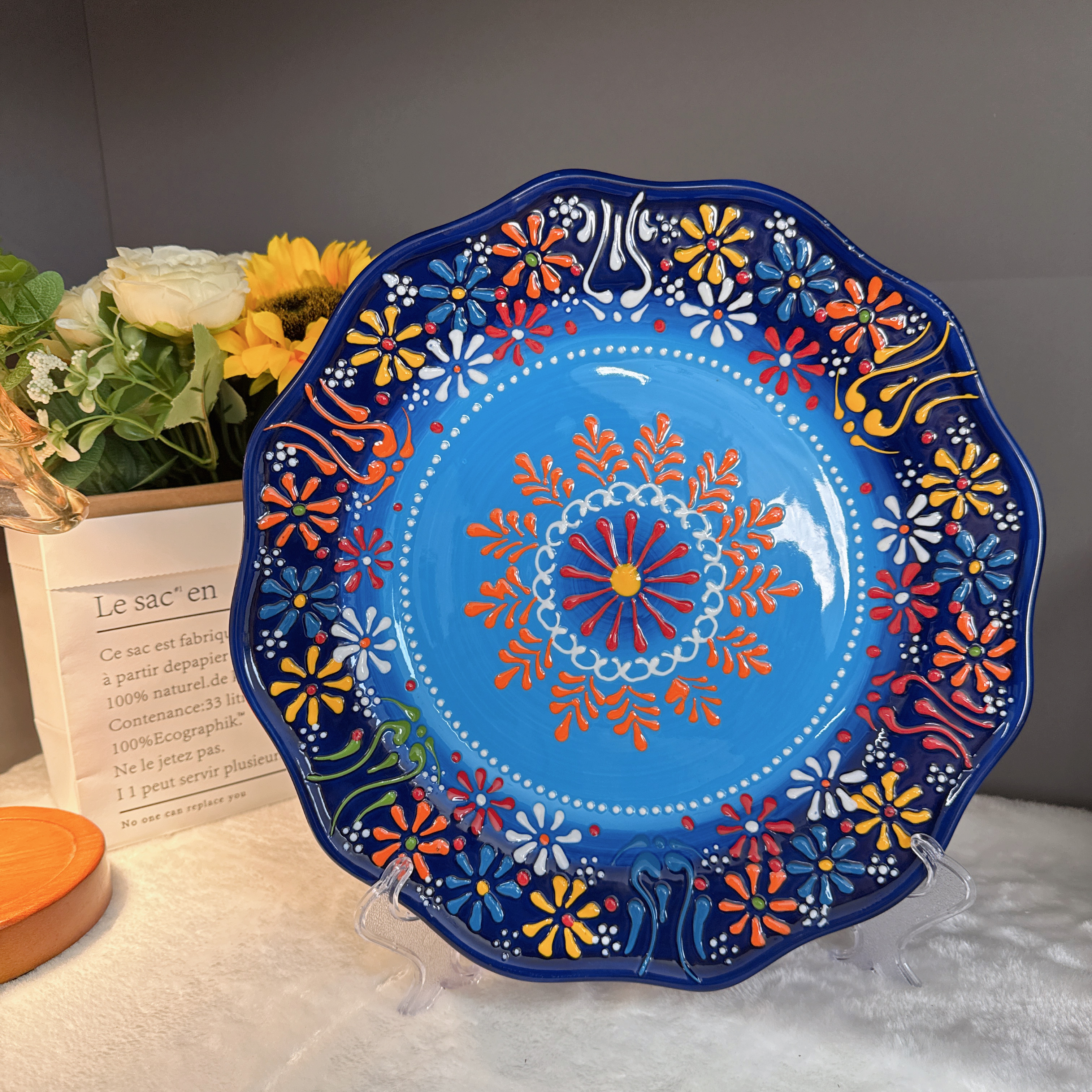 新款12寸【土耳其堆料】釉下彩手工陶瓷花边12英寸抓饭盘手抓肉盘