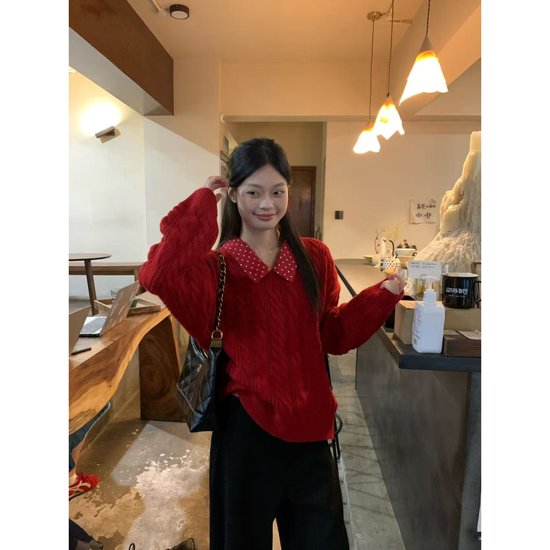 拼接纯欲风舒适法式翻领常规毛衣网红宽松撞色套头ST2592