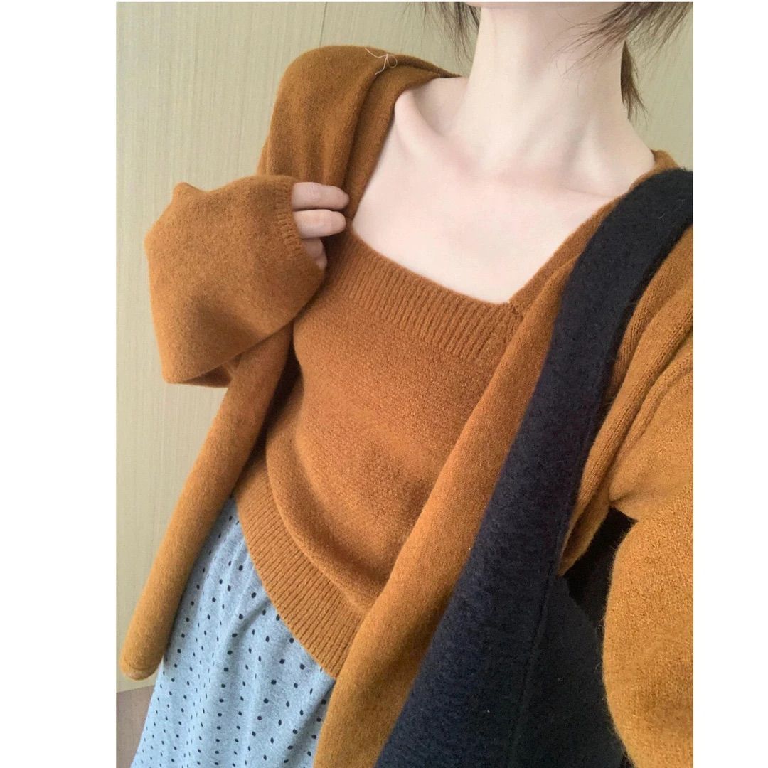 温柔风宽松纯色针织开衫吊带背心两件套秋冬款氛围感减龄洋气毛衣