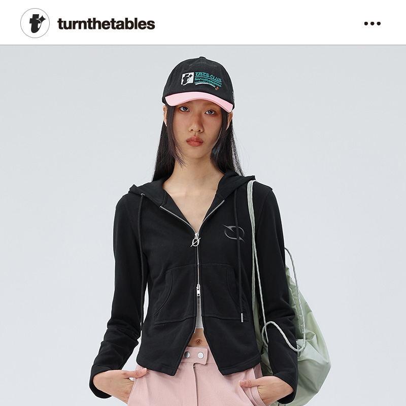 旗舰设计感休闲上衣修身黑色拉链连帽夏季长袖外套开衫卫衣女春