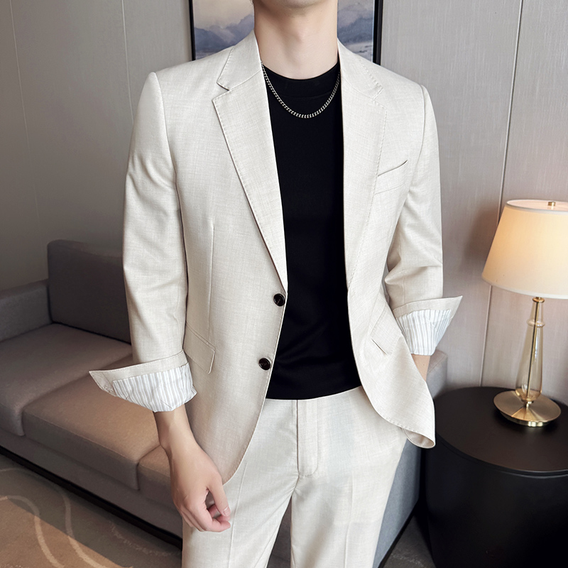 高定半里西服夏季薄款羊毛天丝凉感西装套装男士时尚休闲修身正装
