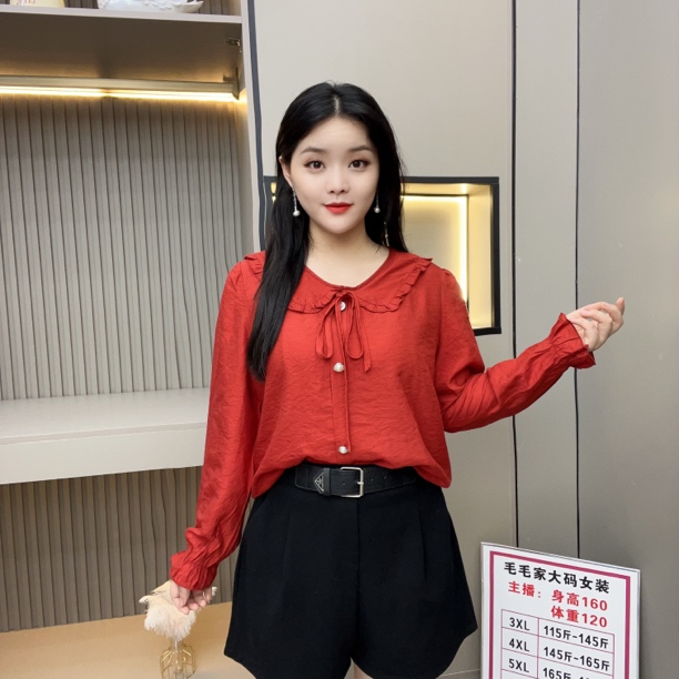 娃娃领减龄蝴蝶结木耳花边长袖女士减龄气质百搭上衣