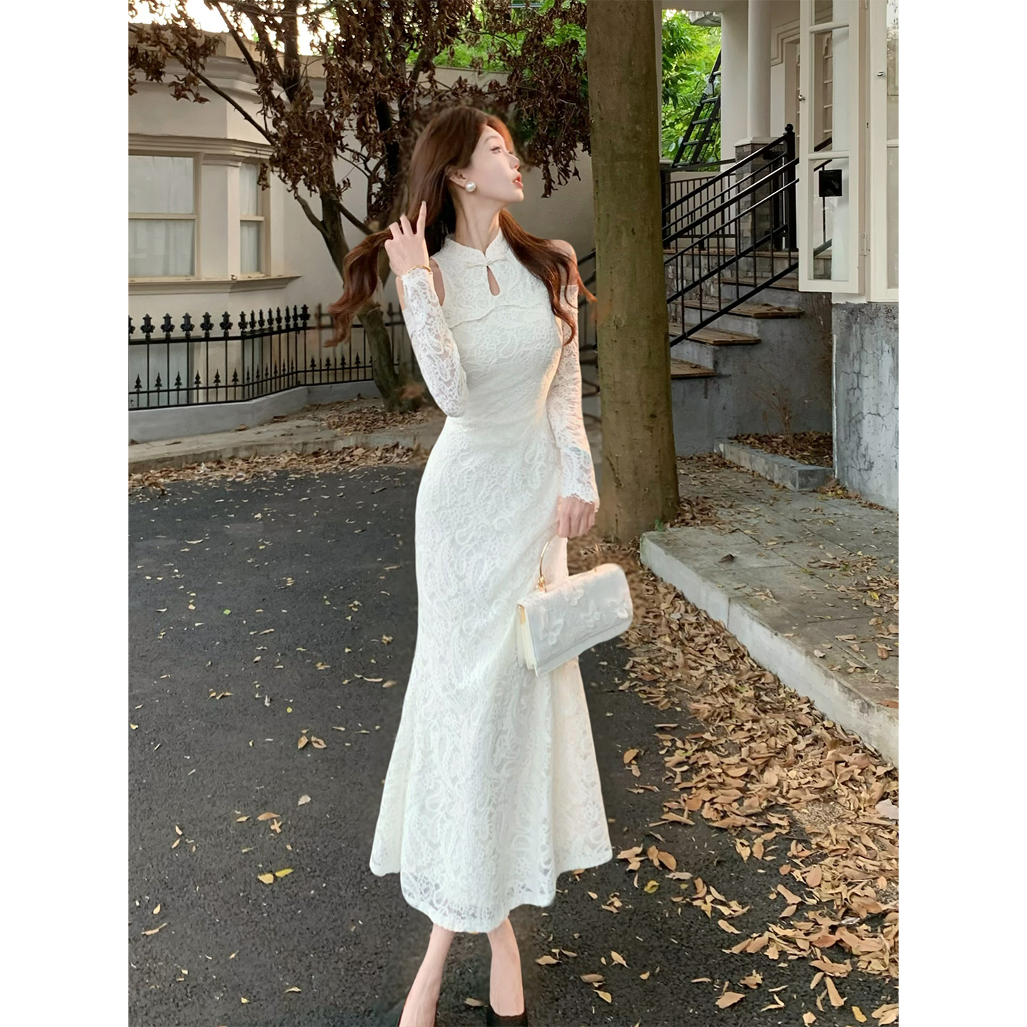 凌茜恣禾【浮白梦】国风新中式浅米杏腰果花裙温婉优雅气质显瘦旗袍