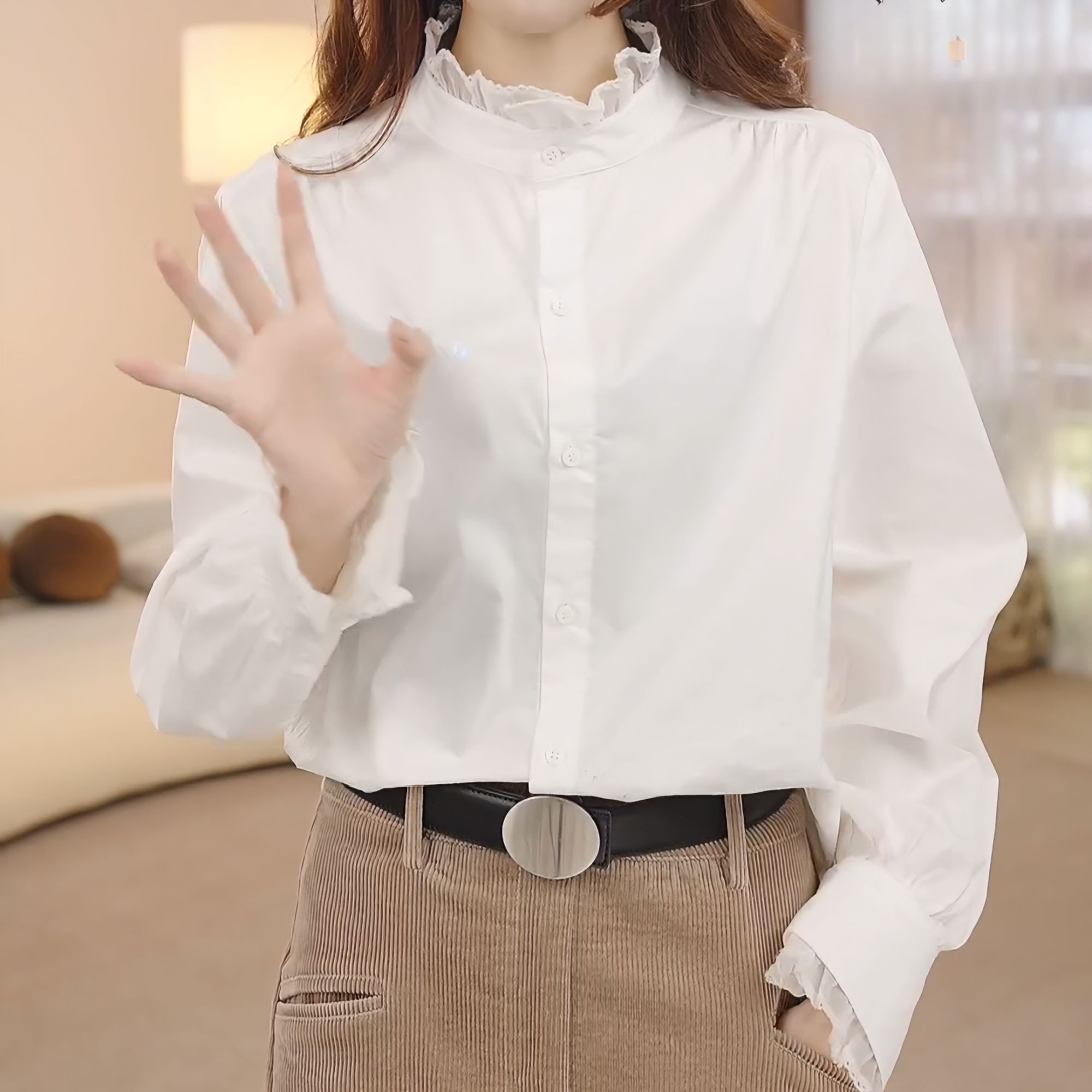 【沐月之光】法式气质百搭木耳边设计感长袖衬衫LK2501222