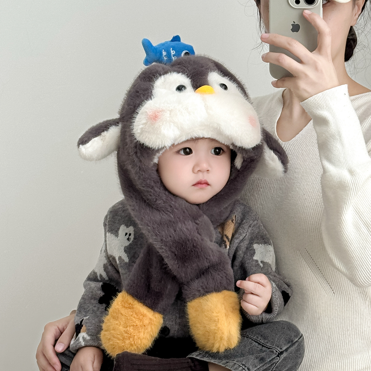 儿童帽子耳朵会动毛绒帽企鹅会叫加厚保暖一体帽男女宝宝护耳帽冬