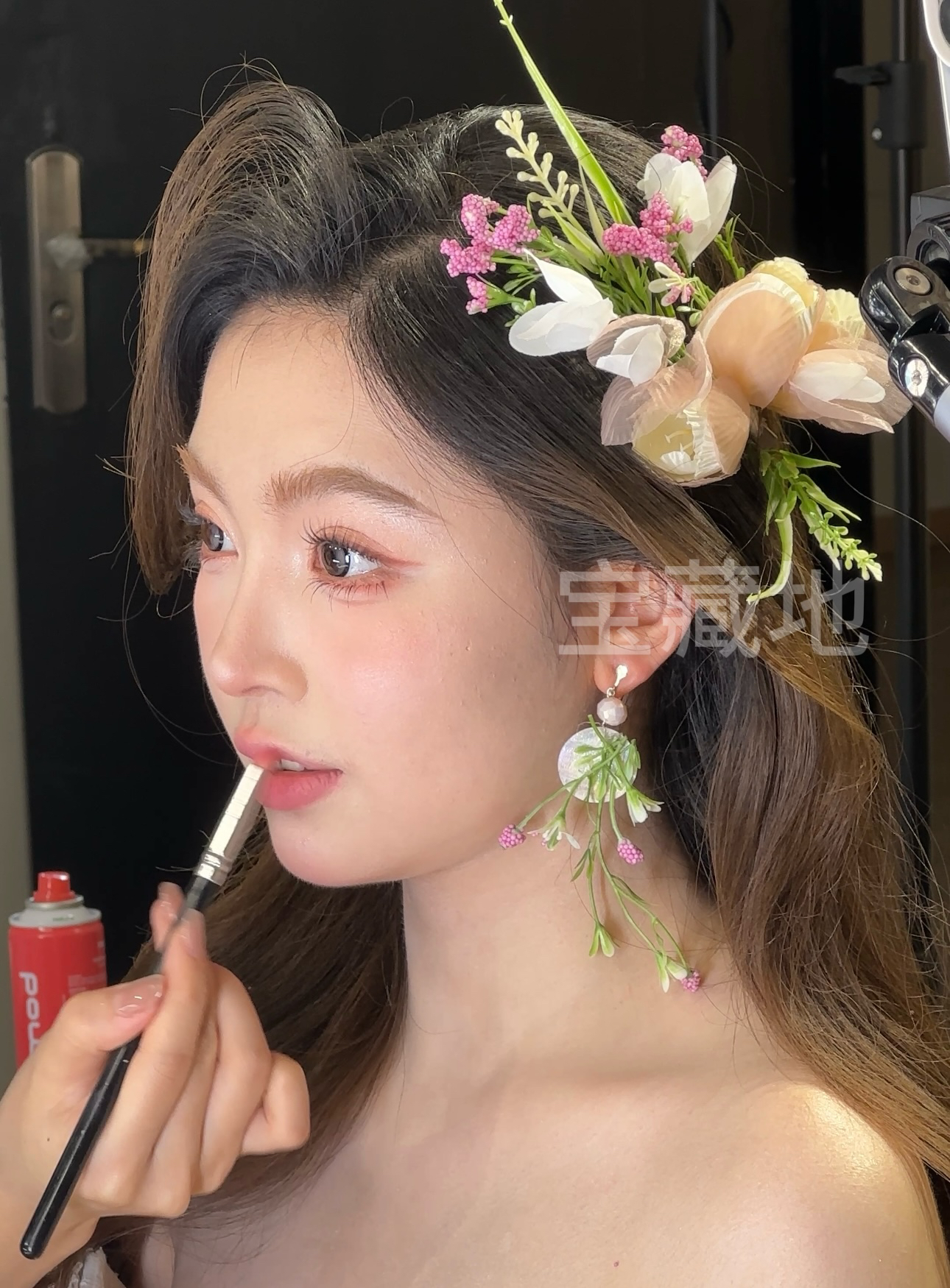 7919新款超仙浅粉郁金香发饰丝带新娘主纱减龄礼服配饰