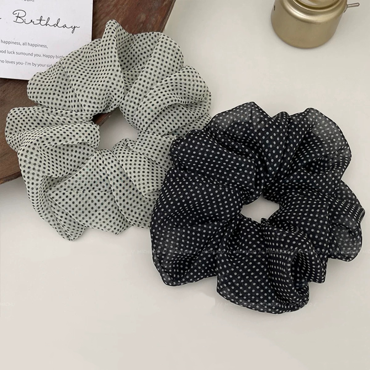 复古细波点柔纱森系发圈大肠慵懒风超大百搭丸子头头绳2012+2013