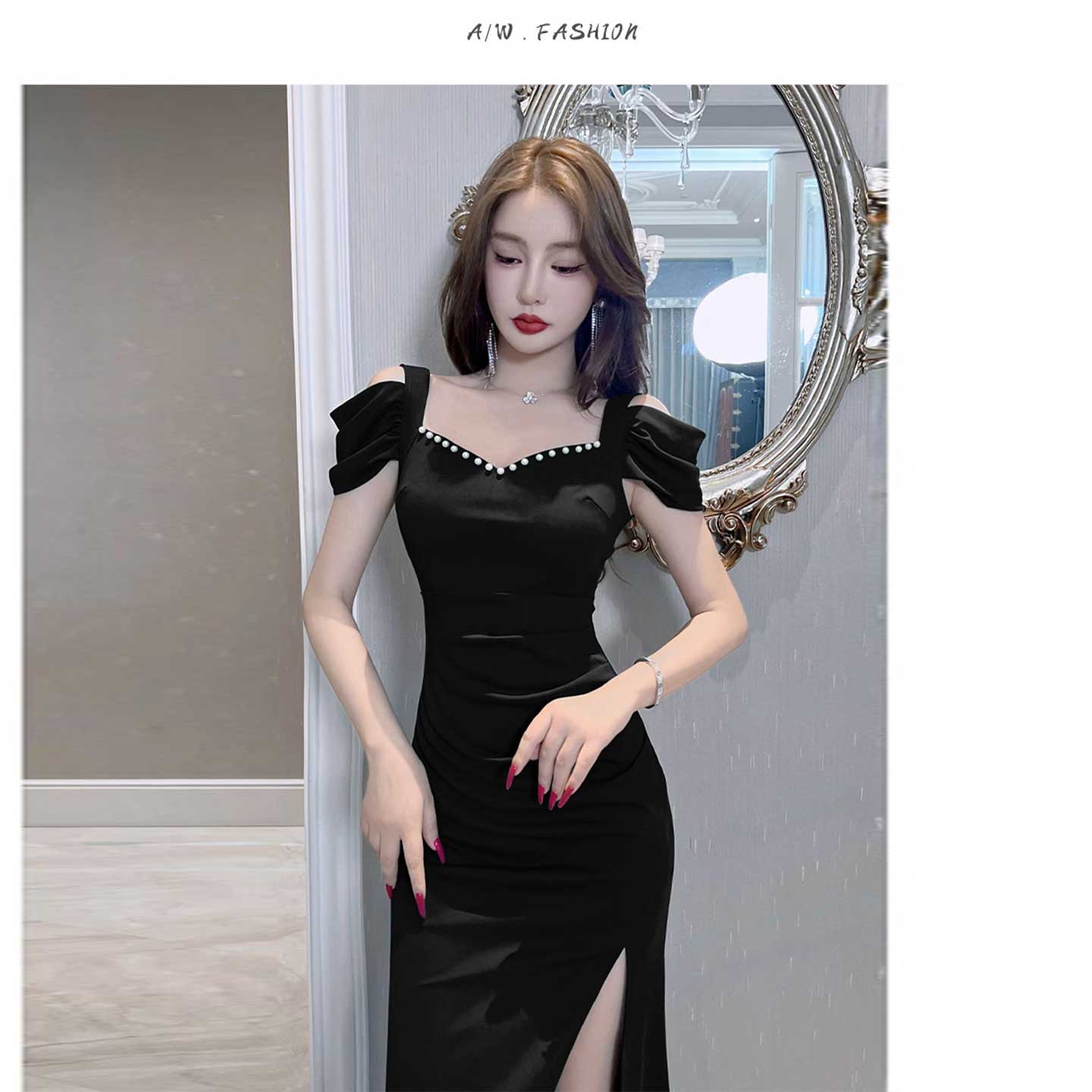 高叉后妈裙性感轻职风短袖连衣裙修身小众套头旗袍