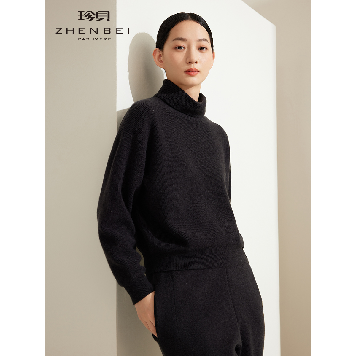 ZB/珍贝蝙蝠袖纯羊绒上衣2024冬季新款宽松高领内搭针织衫女31149