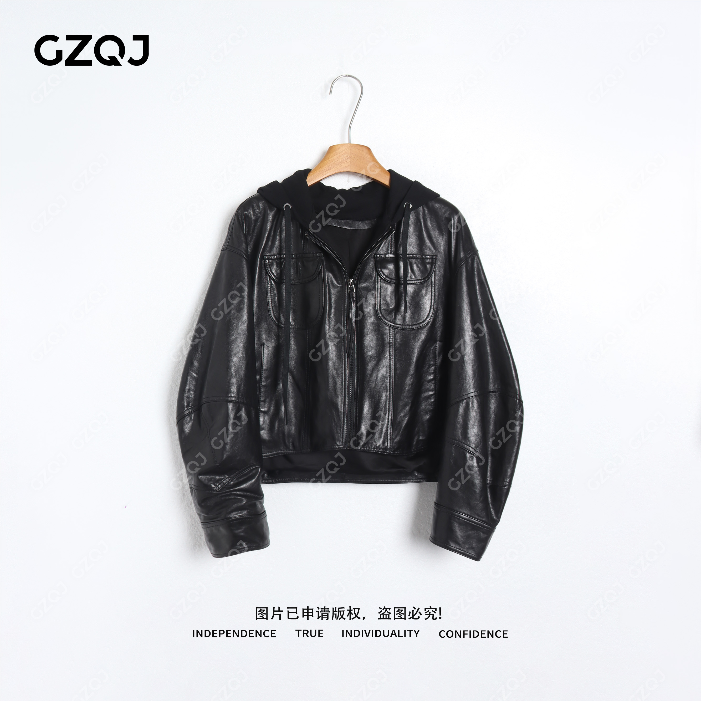 老琴私服【出街皮衣】琥珀流光风连帽真皮皮衣外套女秋08018（瑕）