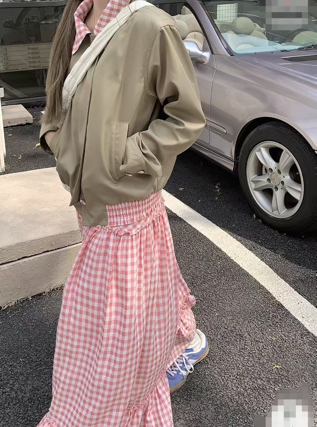 2025春季新款卡其色粉格子拼接夹克外套半身裙两件套女时尚套装
