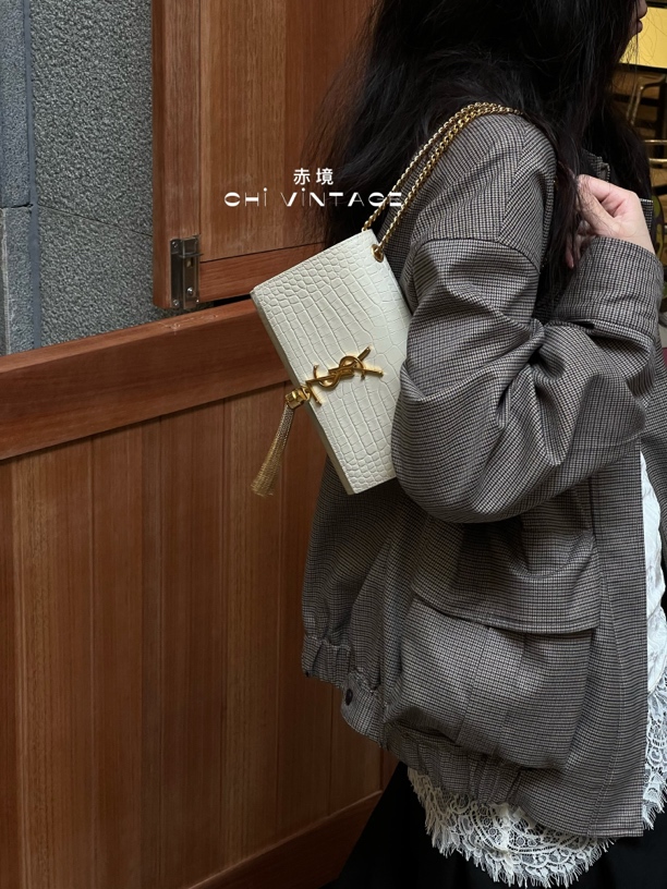 95新 YSL/圣罗兰 4393 白金压纹流苏kate链条包
